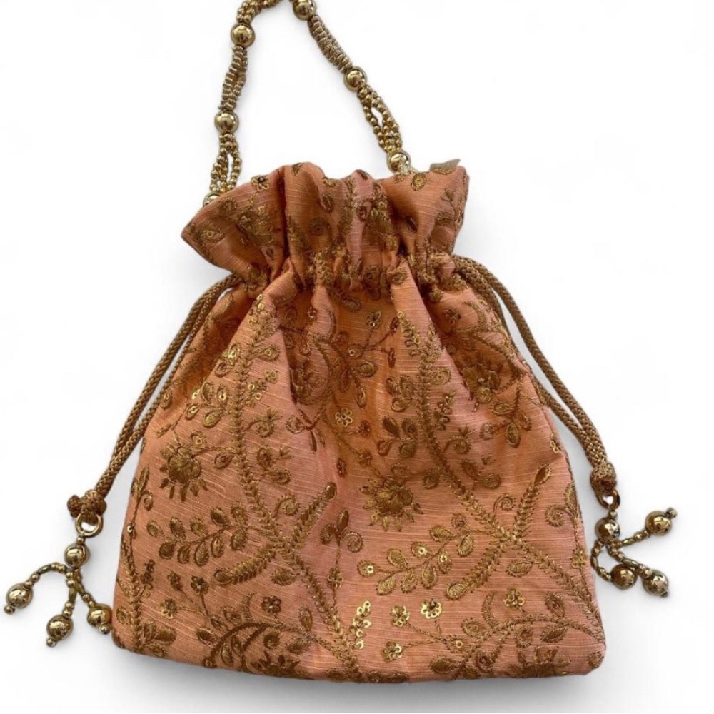 Embroidered Drawstring Bag - Gold and Tan
